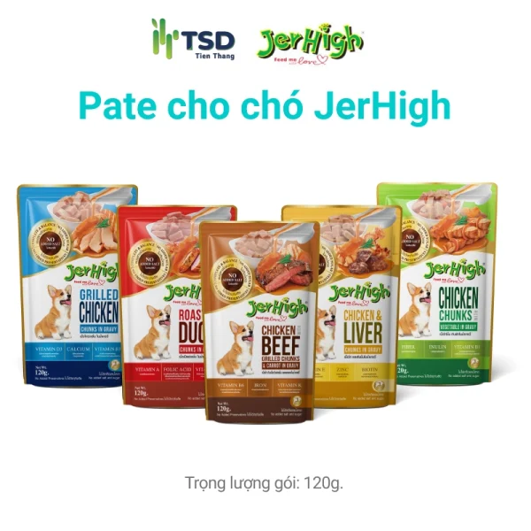 pate cho chó JerHigh dạng pouch – đủ 5 hương vị: gà nướng, gà & bò cà rốt, vịt quay, gà & gan, gà & rau củ – thơm ngon, dinh dưỡng, dễ ăn cho mọi giống chó