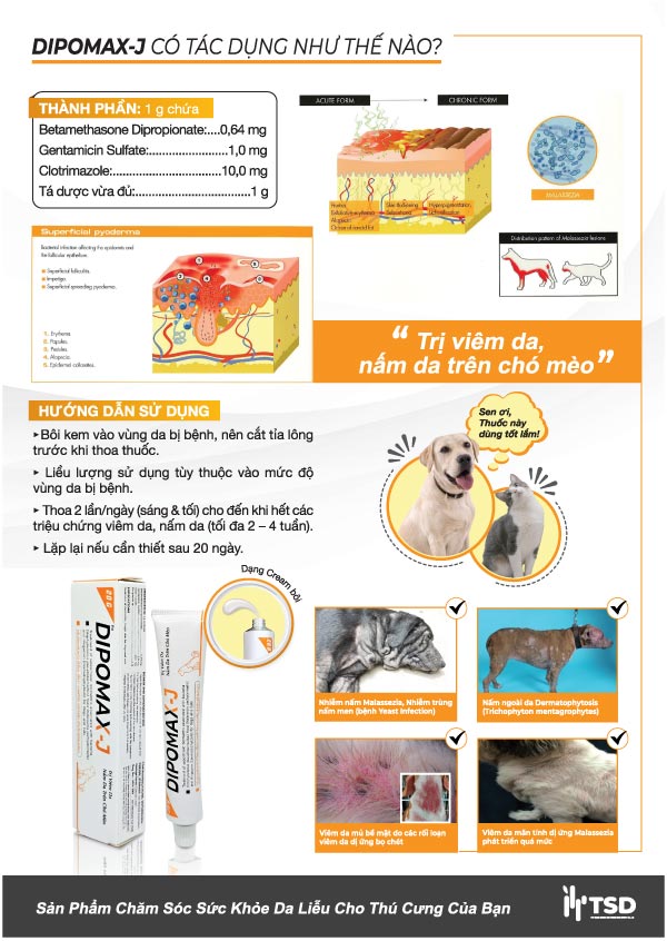 dipomax j | trị viêm da, nấm da, triệu chứng viêm da cấp trên chó mèo