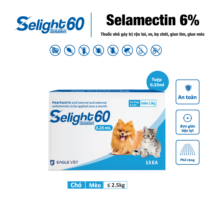 selight 60 (selamectin 6%) nhỏ gáy trị kí sinh trùng cho chó mèo