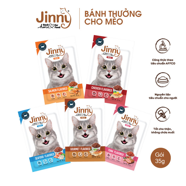 jinny stick snack cho mèo từ 3 tháng tuổi với 5 mùi vị