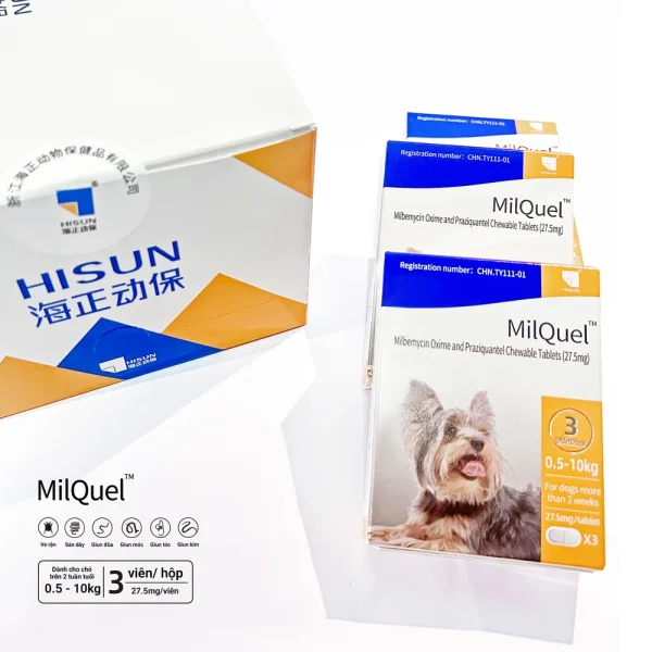 Hộp thuốc MilQuel 27.5mg cho chó từ 0.5–10kg trị giun tim, giun tròn, sán dây